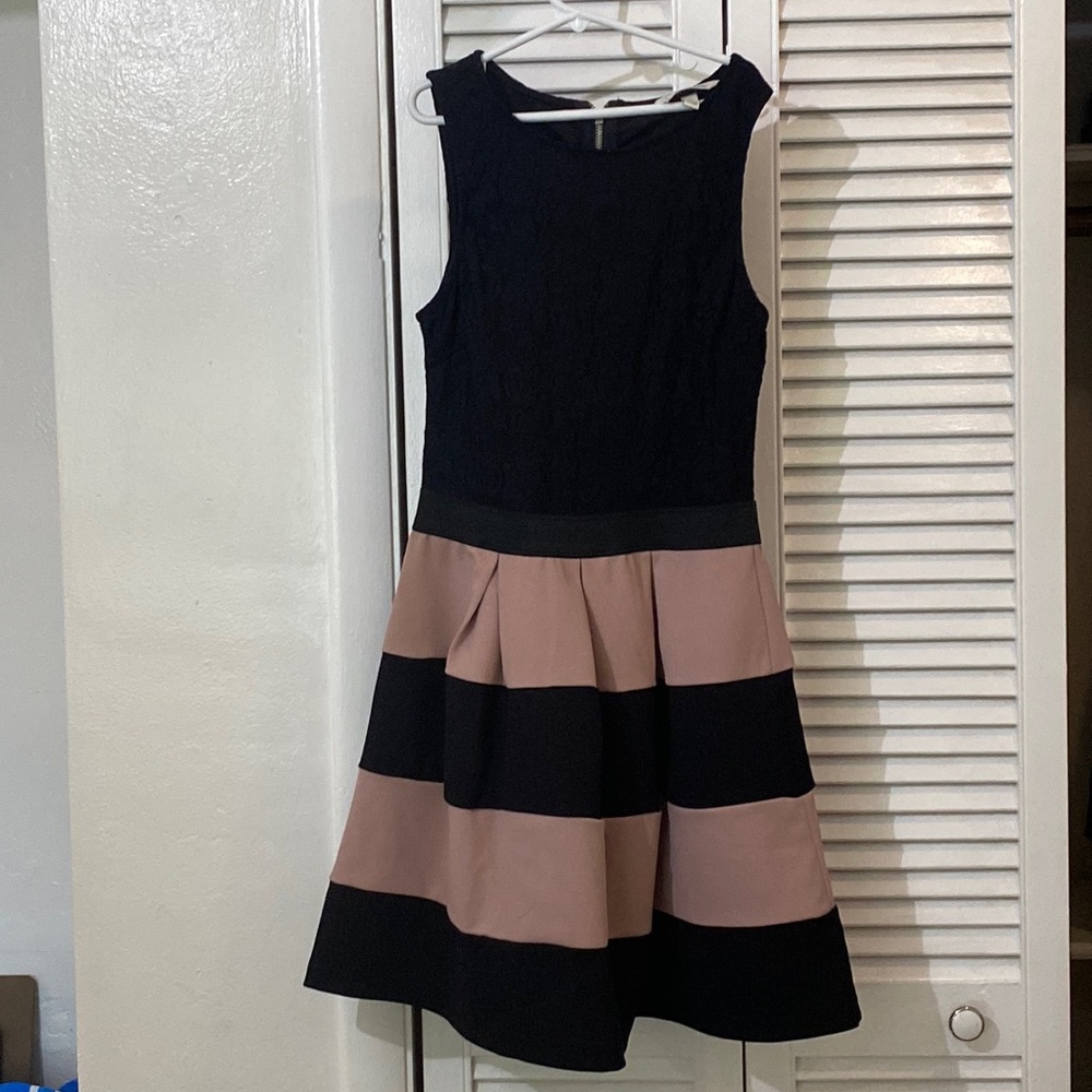 A-line dress w black lace overlay on top & a mauve & black stripe on the bottom